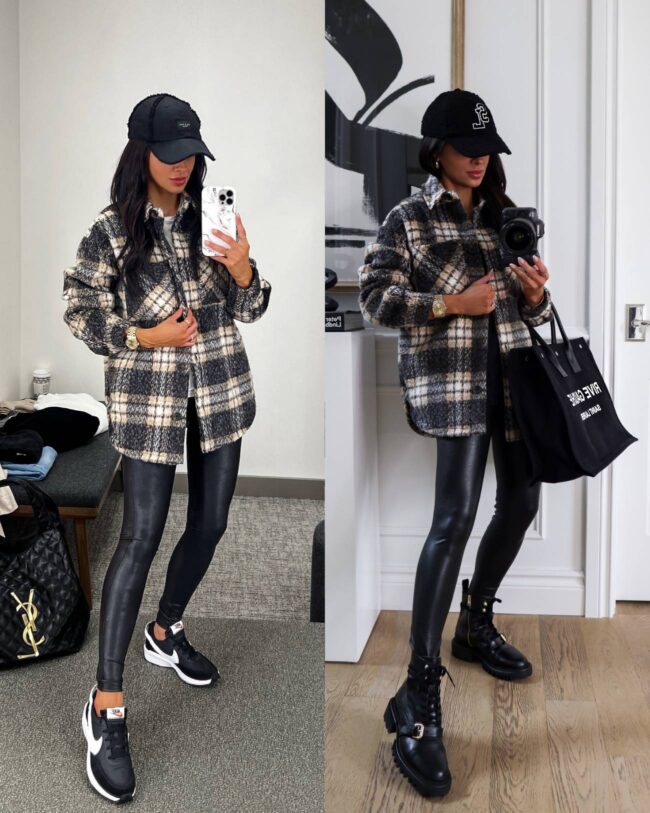 fashion blogger mia mia mine wearing a plaid shacket for fall from nordstrom