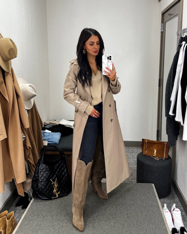 fashion blogger mia mia mine wearing a trench coat from the NSALE