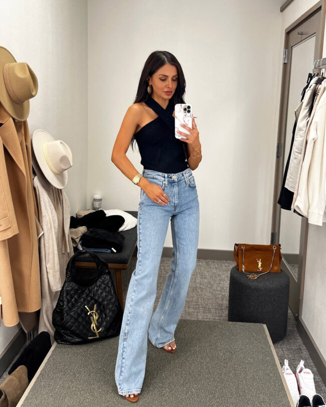 fashion blogger mia mia mine wearing a halter top and palazzo jeans from nordstrom