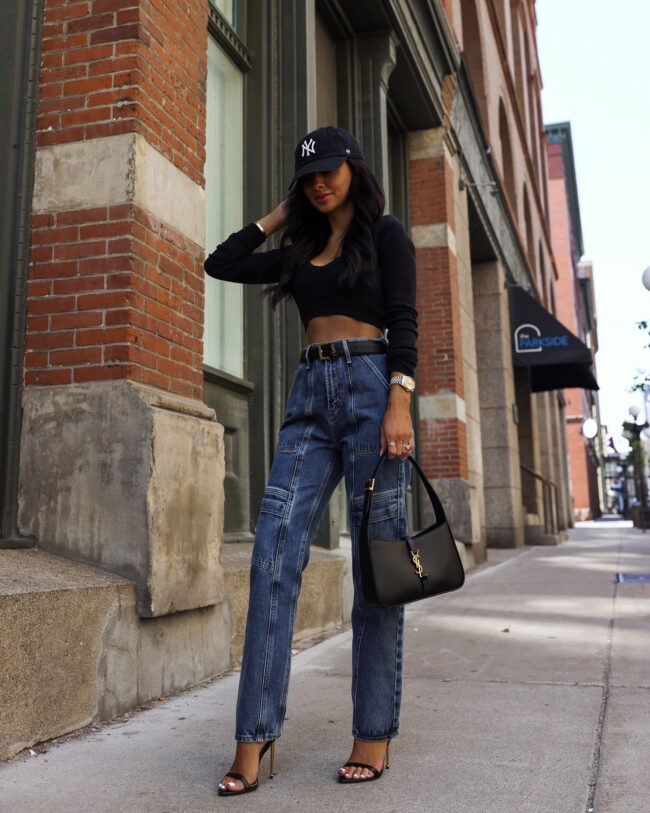 fashion blogger wearing a crop top with cargo jeans from nordstrom