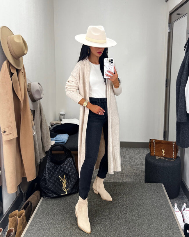 fashion blogger mia mia mine wearing a long cardigan from nordstrom