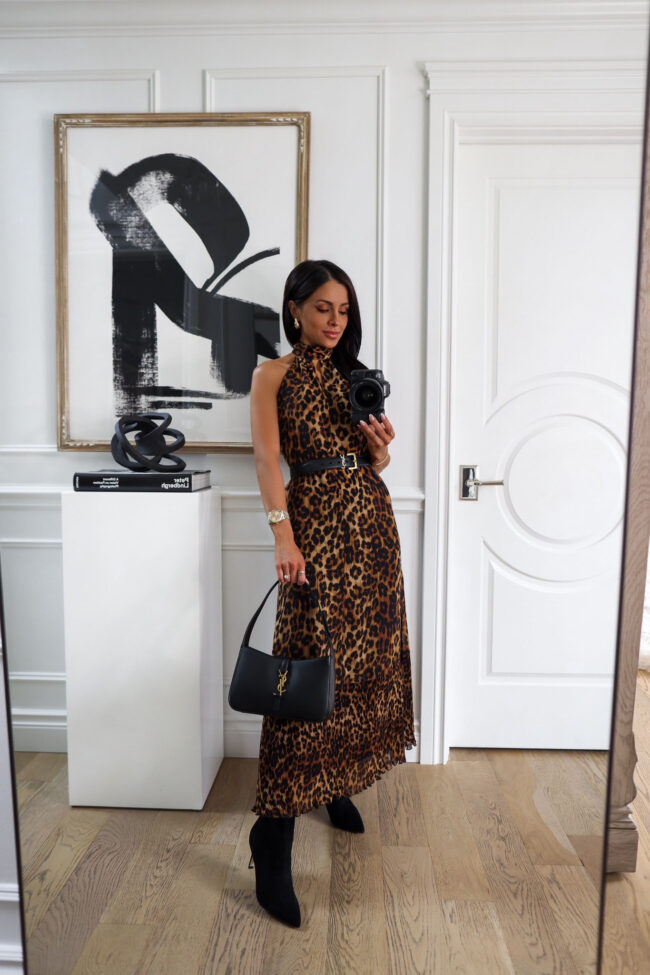 fashion blogger mia mia mine wearing a leopard maxi dress from the nsale