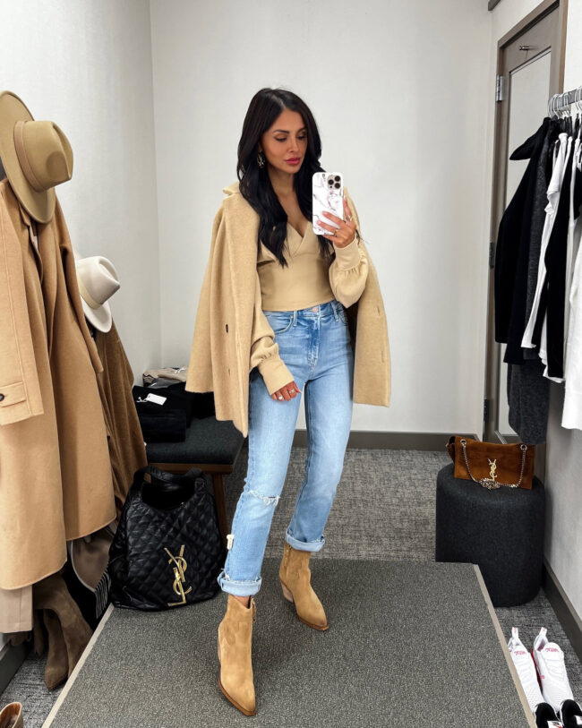 fashion blogger mia mia mine wearing tan suede booties from the nordstrom anniversary sale