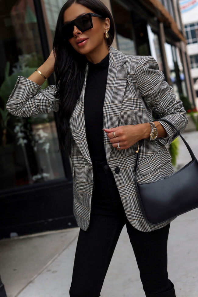 fashion blogger mia mia mine wearing a plaid blazer for fall 