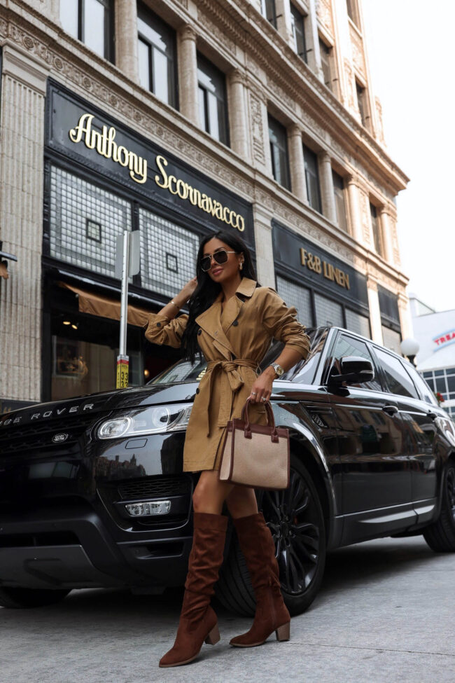 fashion blogger mia mia mine wearing a camel trench coat from walmart