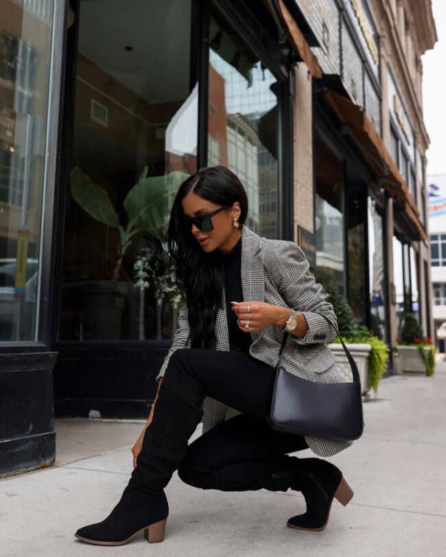 fashion blogger mia mia mine wearing a plaid blazer from the free assembly line at walmart
