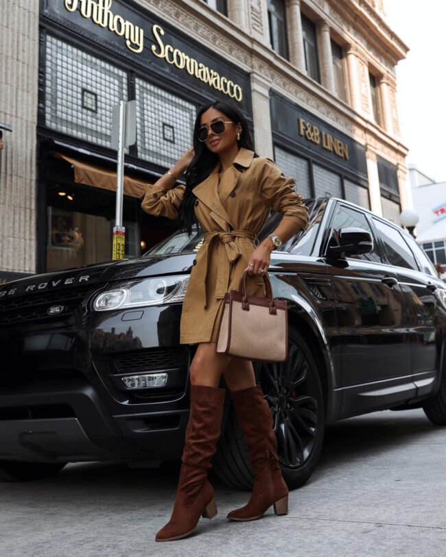 fashion blogger mia mia mine wearing a camel trench coat from walmart