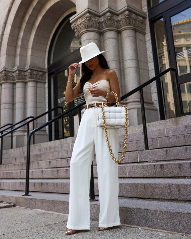 fashion blogger mia mia mine wearing white trousers from amazon