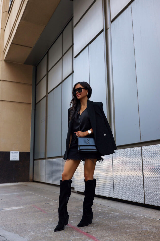brunette fashion blogger wearing cowboy boots