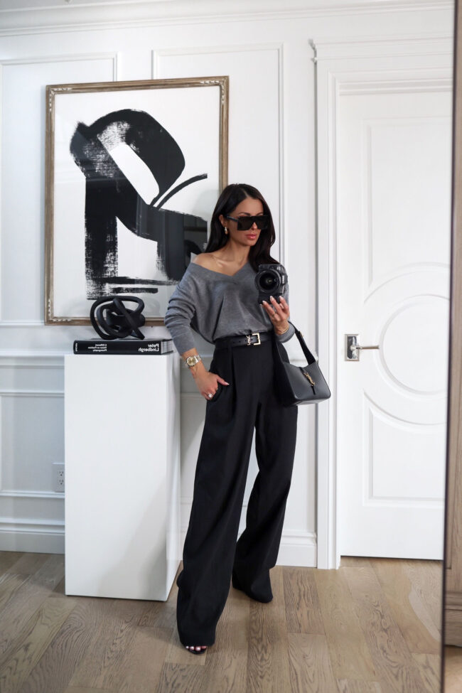 fashion blogger wearing black wide leg trousers from nordstrom