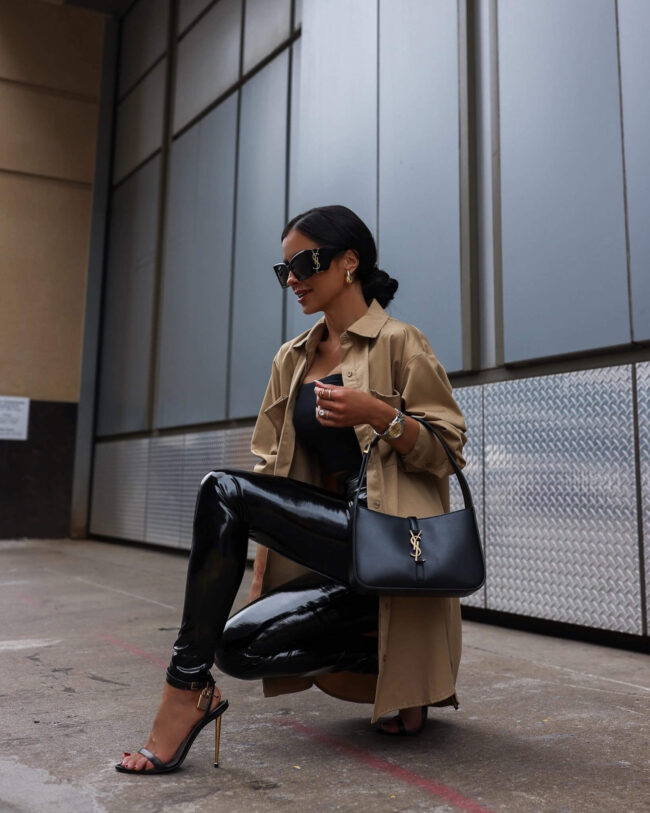 fashion blogger wearing commando patent leather leggings and tom ford padlock sandals