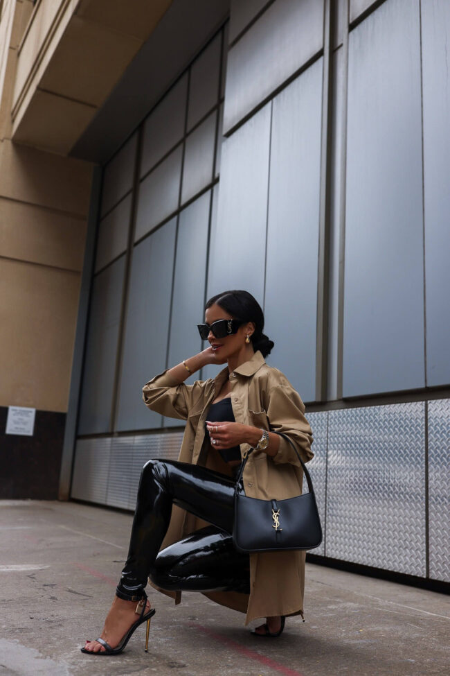 fashion blogger wearing commando patent leather leggings and tom ford padlock sandals