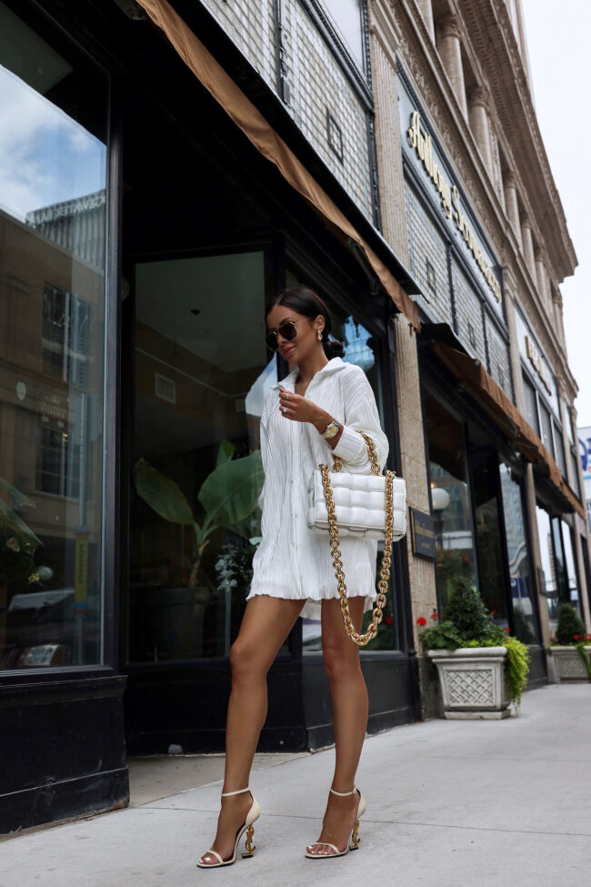fashion blogger wearing a white satin set from amazon