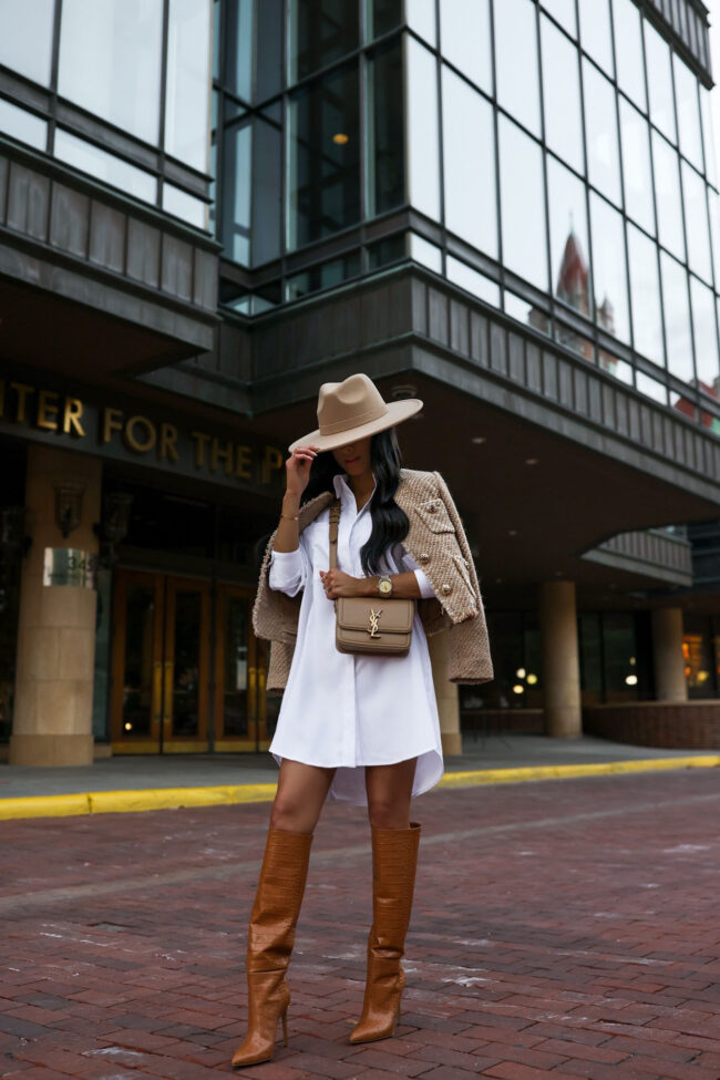 brunette fashion blogger wearing paris texas knee high boots for fall