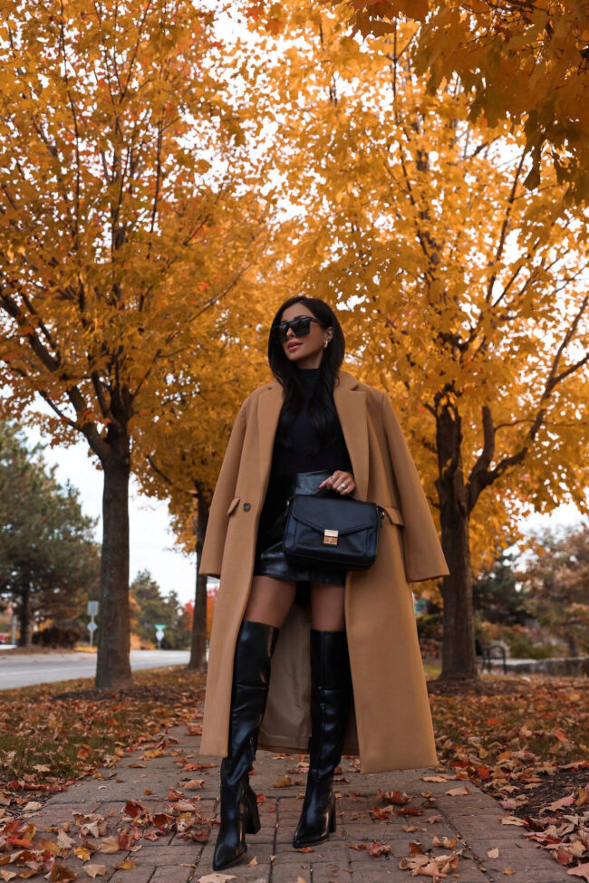 fashion blogger wearing a camel coat from walmart scoop line