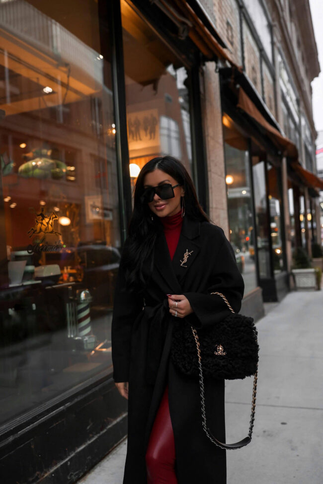 fashion blogger mia mia mine wearing a black mango wool coat from nordstrom