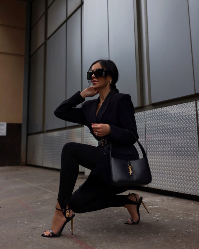 mia mia mine wearing a belted blazer from nordstrom