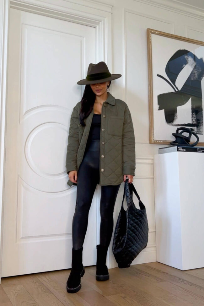 fashion blogger mia mia mine wearing a green quilted jacket from walmart