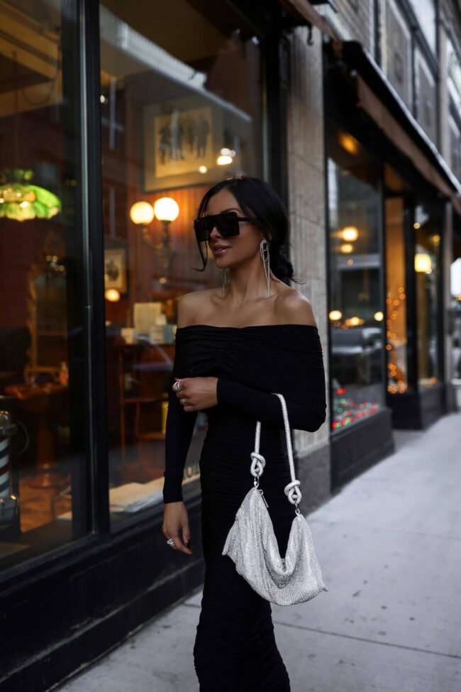 fashion blogger mia mia mine wearing a jersey off the shoulder dress by naked fashion from nordstrom
