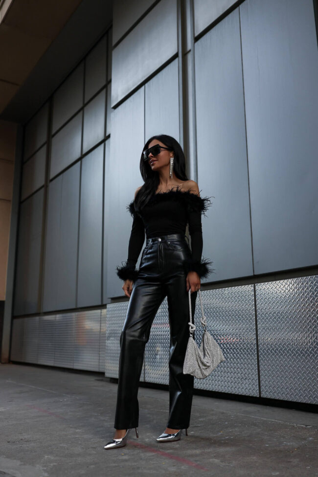 fashion blogger mia mia mine wearing agolde leather pants and metallic pumps from nordstrom