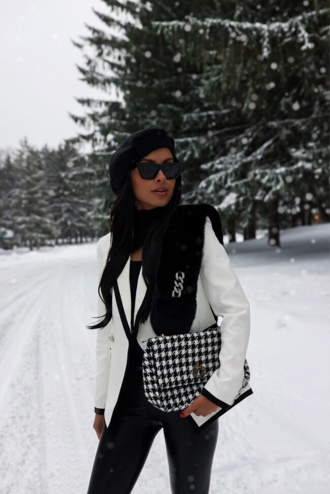 fashion blogger mia mia mine wearing whbm white blazer for winter