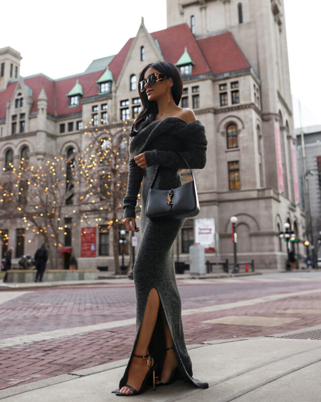fashion blogger mia mia mine wearing a gray knit maxi by topshop