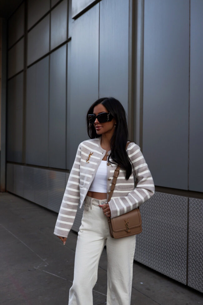 fashion blogger mia mia mine wearing a stripe cardigan from abercrombie
