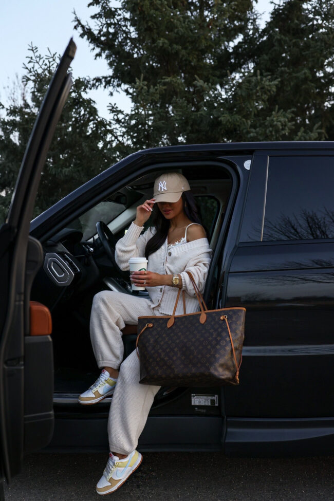 fashion blogger wearing a waffle knit lounge set from nordstrom