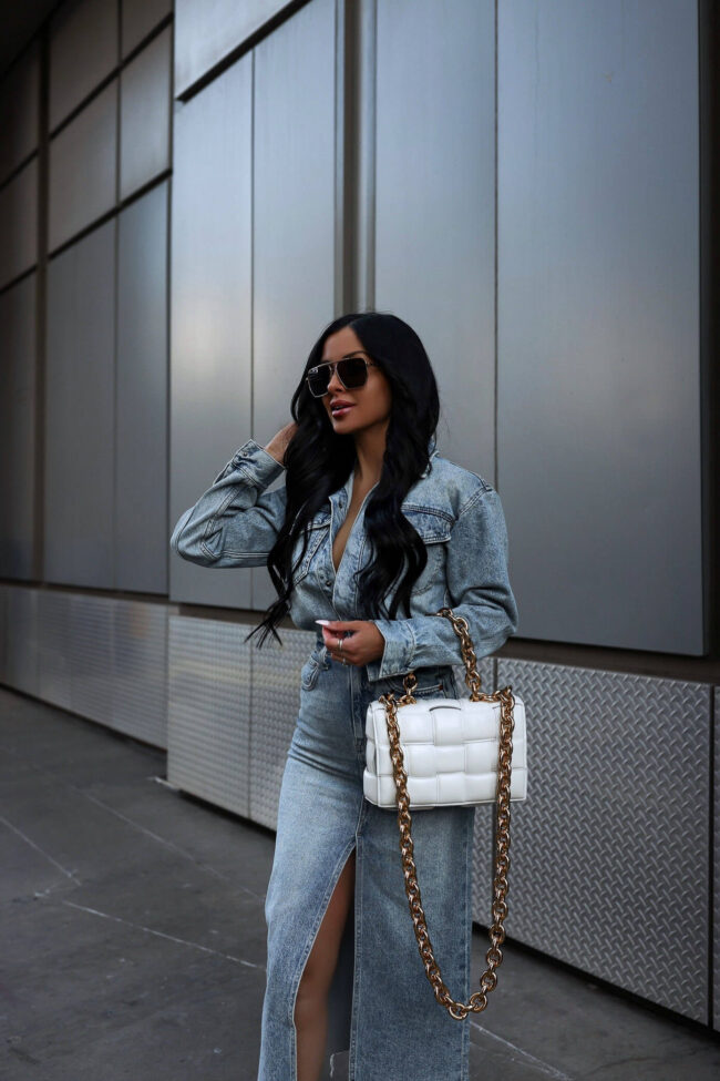 fashion blogger wearing a denim dress from nordstrom