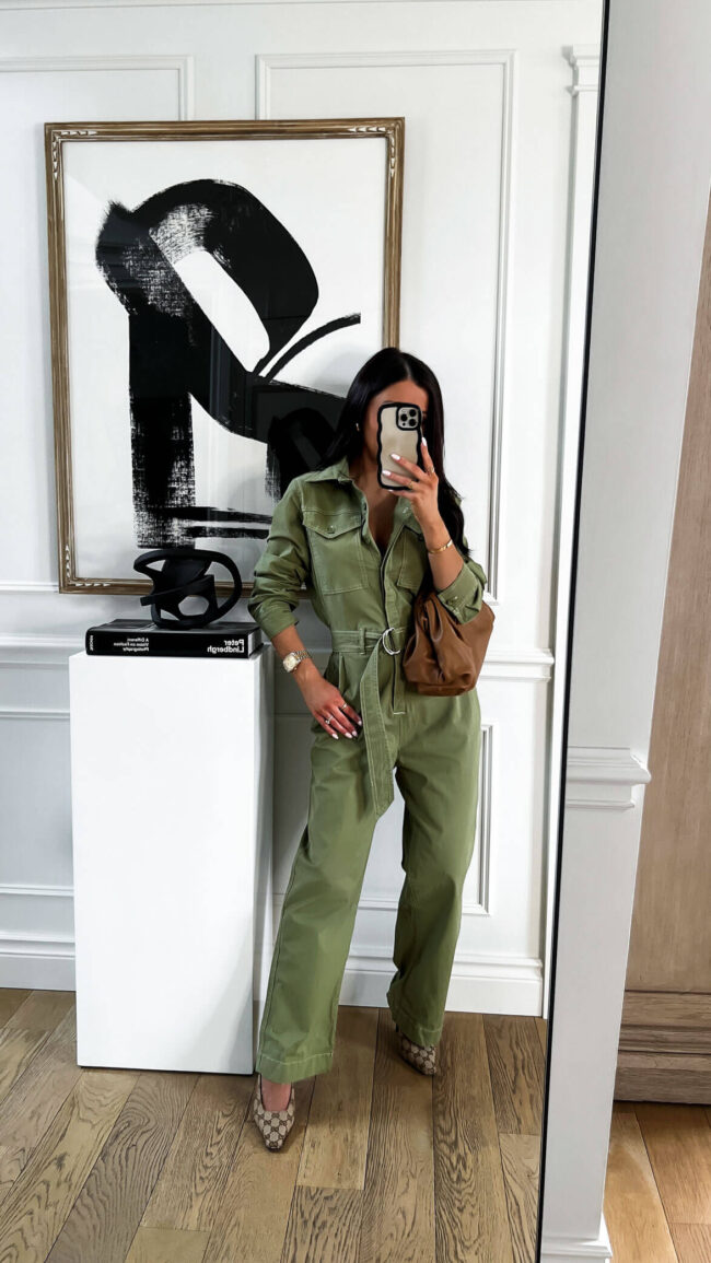 fashion blogger mia mia mine wearing a green jumpsuit from walmart