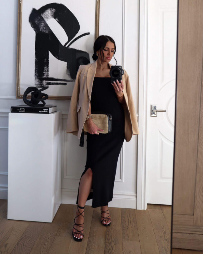 fashion blogger wearing a black strapless dress and linen blazer from walmart