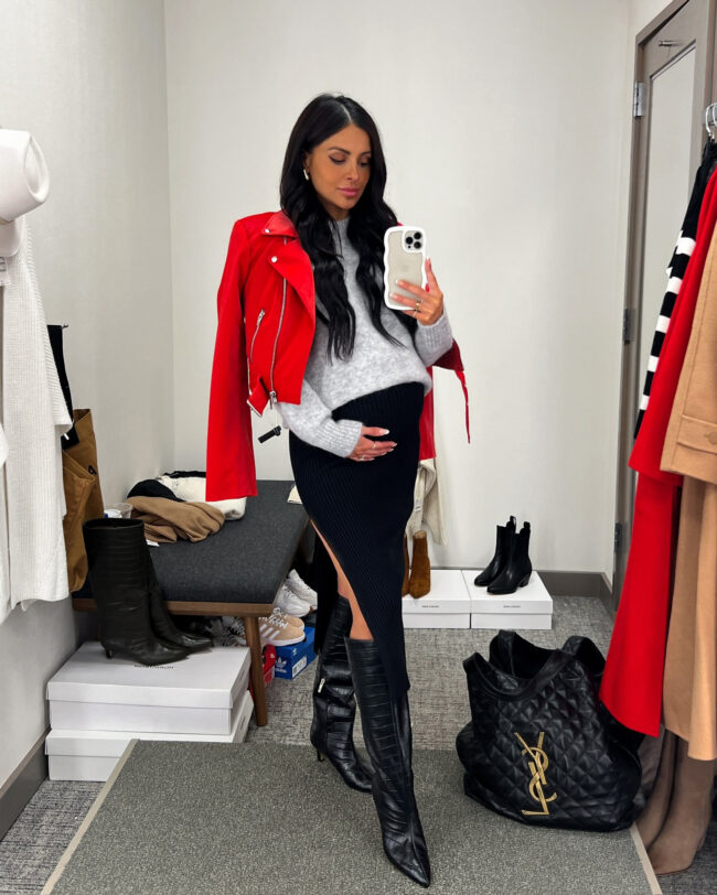 mia mia mine wearing a red leather jacket from the nsale