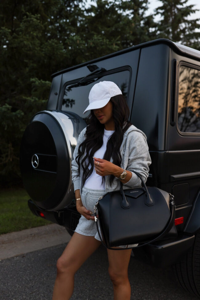 fashion blogger wearing a cropped gray hoodie from walmart