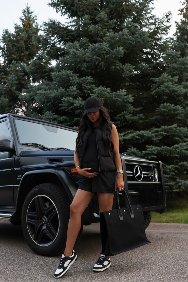 fashion blogger wearing black and white basketball sneakers from walmart