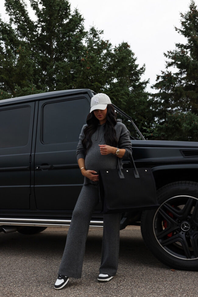fashion blogger mia mia mine wearing a gray loungewear set for fall