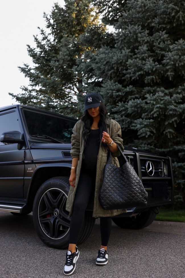 fashion blogger wearing a long quilted jacket from walmart