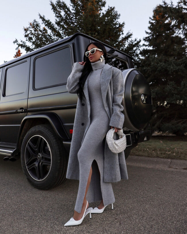 fashion blogger wearing a topshop gray coat and sweater dress from nordstrom
