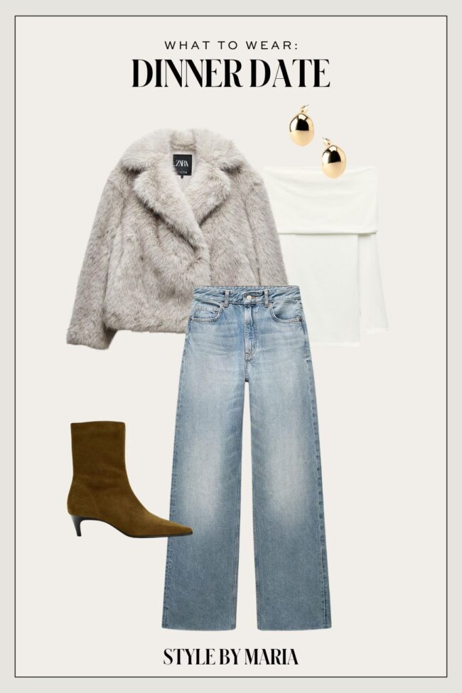 zara faux fur coat and wide leg jeans