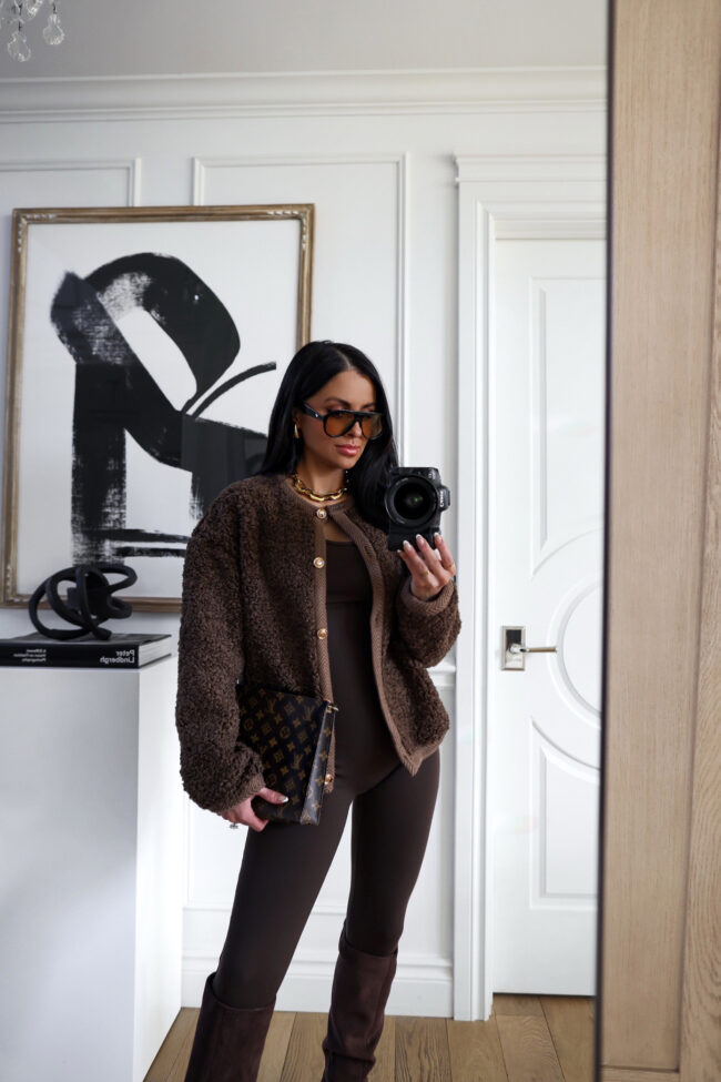 fashion blogger mia mia mine wearing a chocolate brown cardigan from amazon