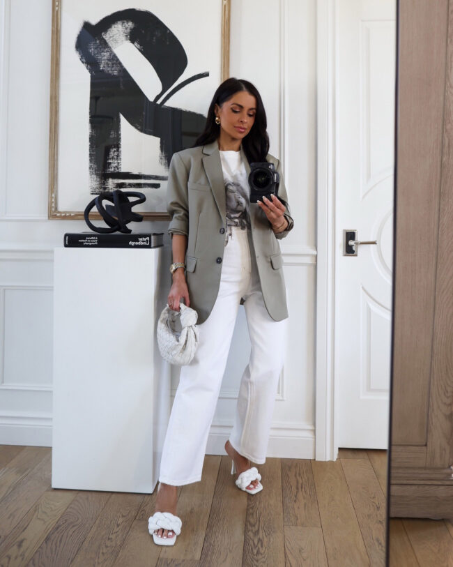 mia mia mine wearing an anine bing blazer and t-shirt from 24s