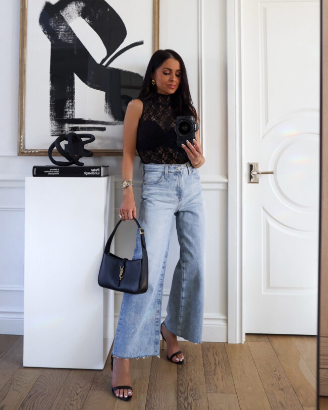 mia mia mine wearing cropped wide leg jeans from saks