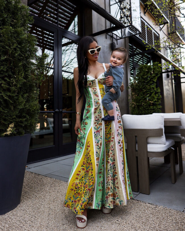 brunette fashion blogger wearing a farm rio statement dress