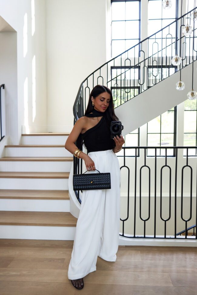 mia mia mine wearing white wide leg pants from amazon