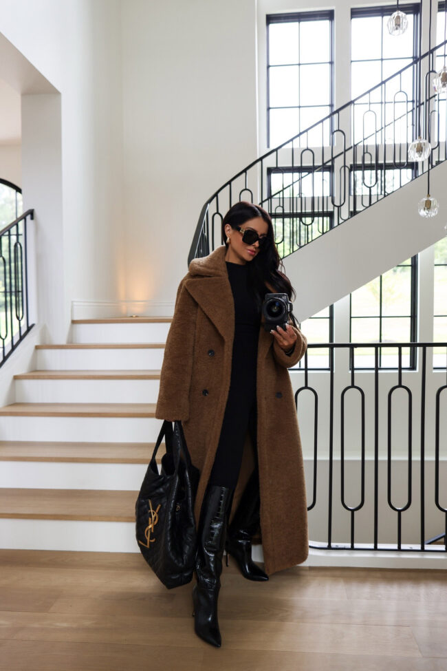 brunette fashion blogger wearing a teddy bear coat from the nsale