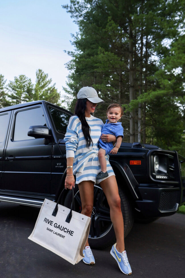 fashion blogger mia mia mine wearing a baby blue stripe matching set for summer