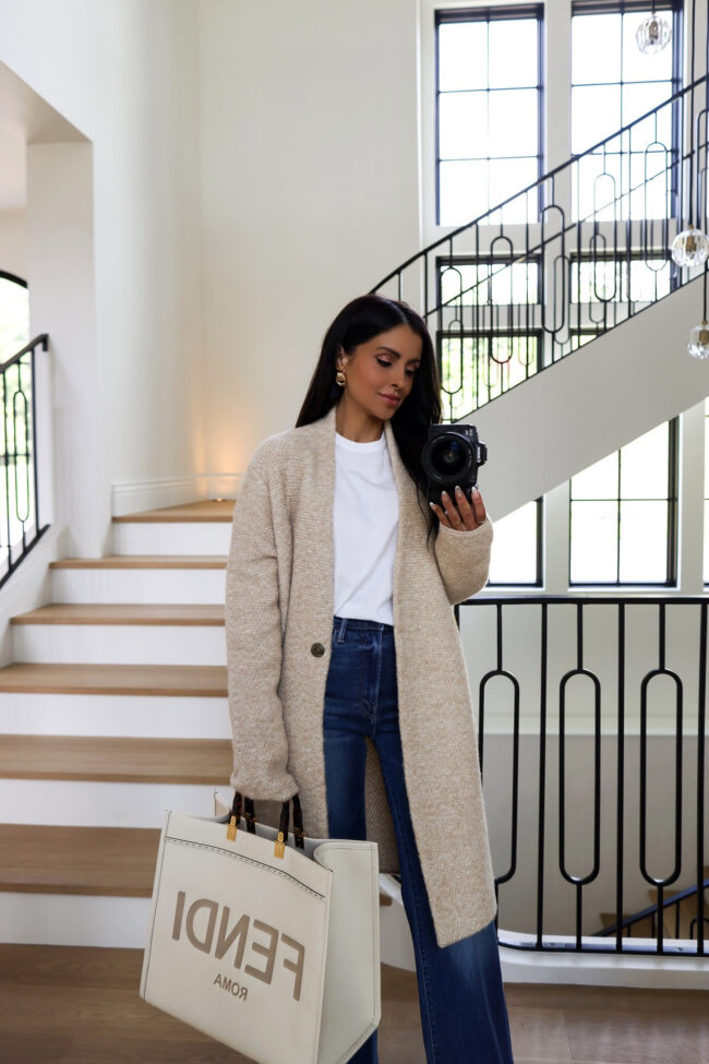 mia mia mine wearing a vince cardigan coat from the nordstrom sale