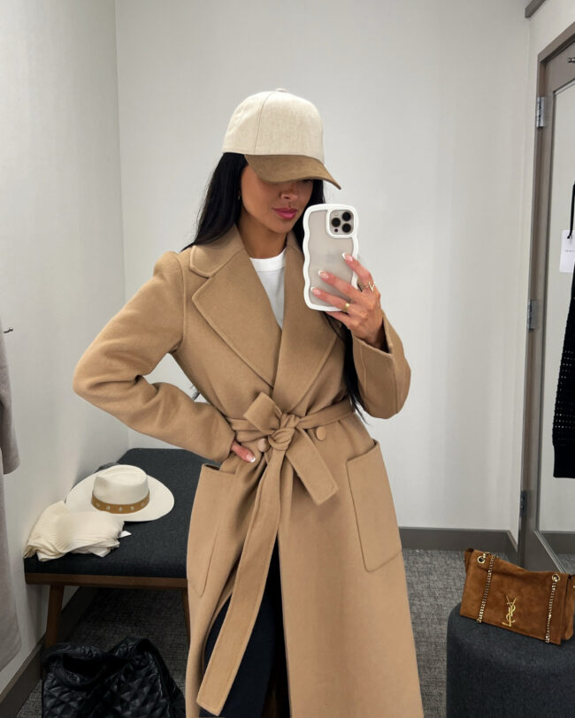 mia mia mine wearing a camel coat from the nsale
