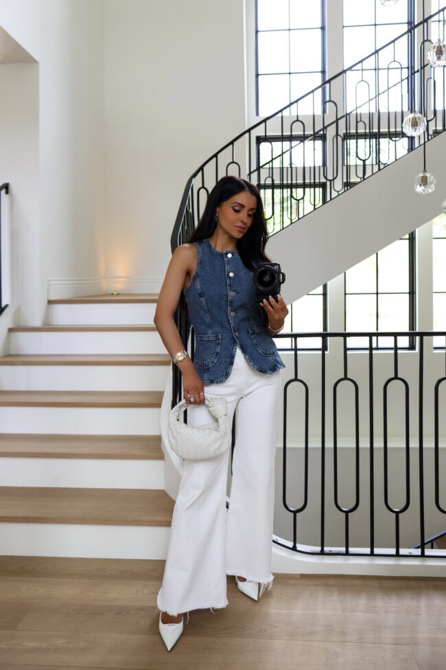 mia mia mine wearing a rails denim vest from the nordstrom sale