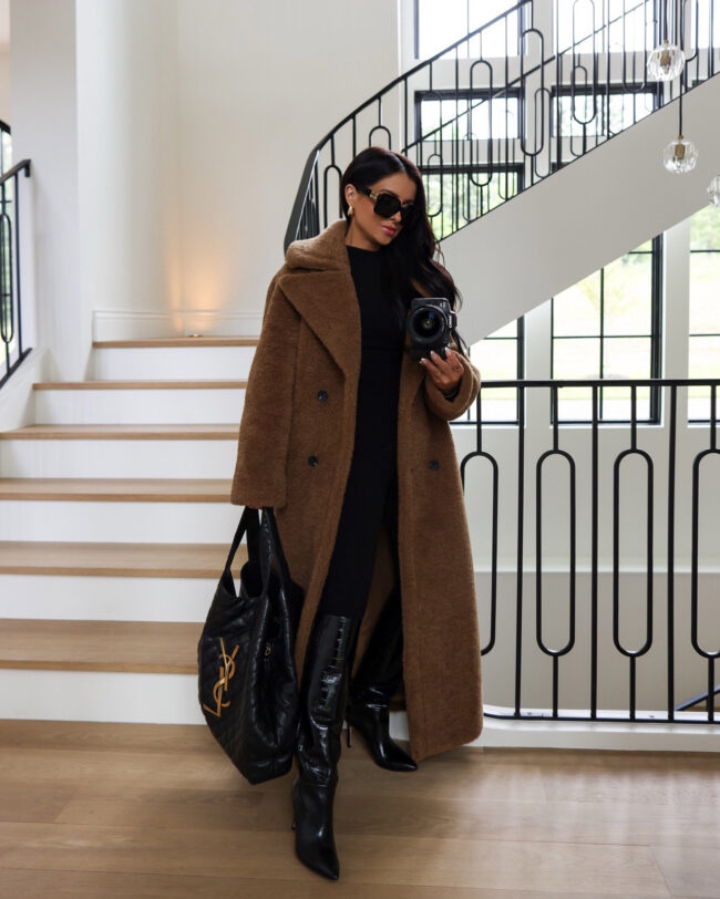 brunette fashion blogger wearing a brown teddy bear coat from the nsale