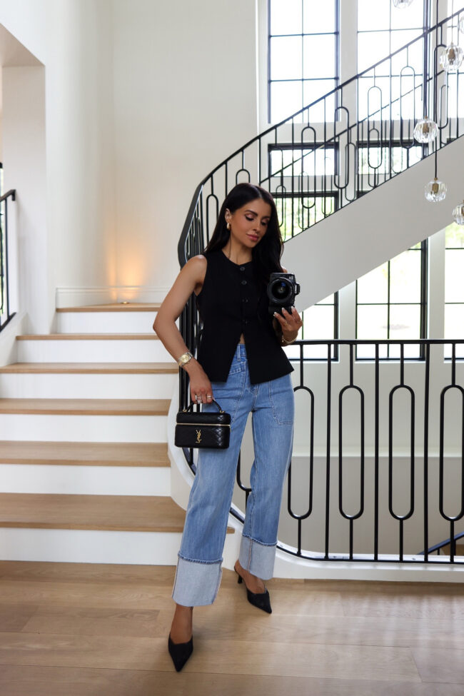 brunette fashion blogger wearing veronica beard cuffed jeans from the nordstrom sale